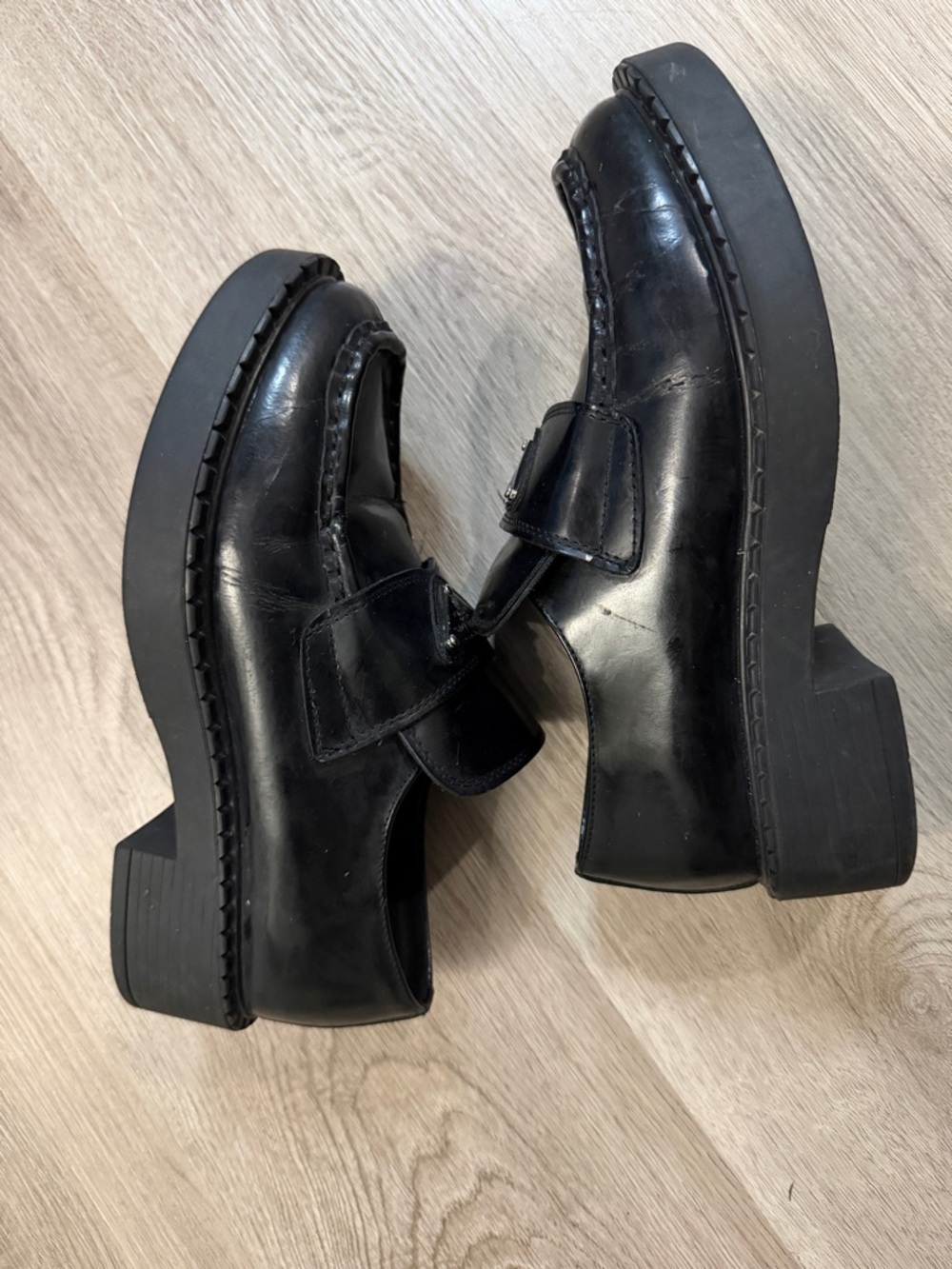 Prada Black Leather Penny Loafers with Metal Triangle Logo - Picture 5 of 16